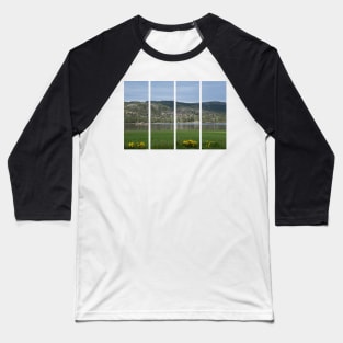 Wonderful landscapes in Norway. Vestland. Beautiful scenery of wooden cabins with grass on the roof, reflecting in the lake in a sunny summer day. Yellow flowers in foreground Baseball T-Shirt